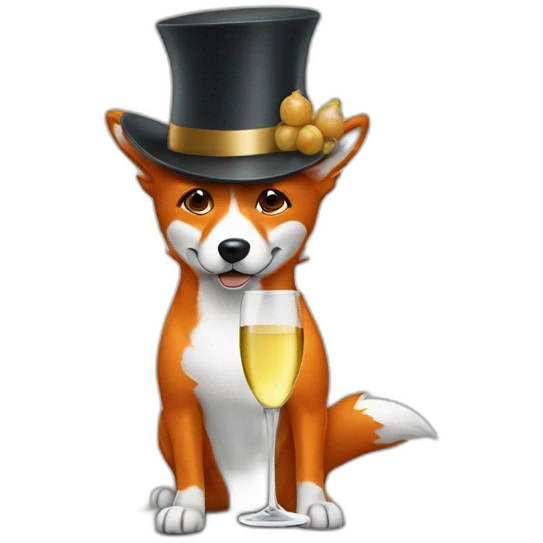 Dog looking like Fox drinking white wine wearing high hat emoji
