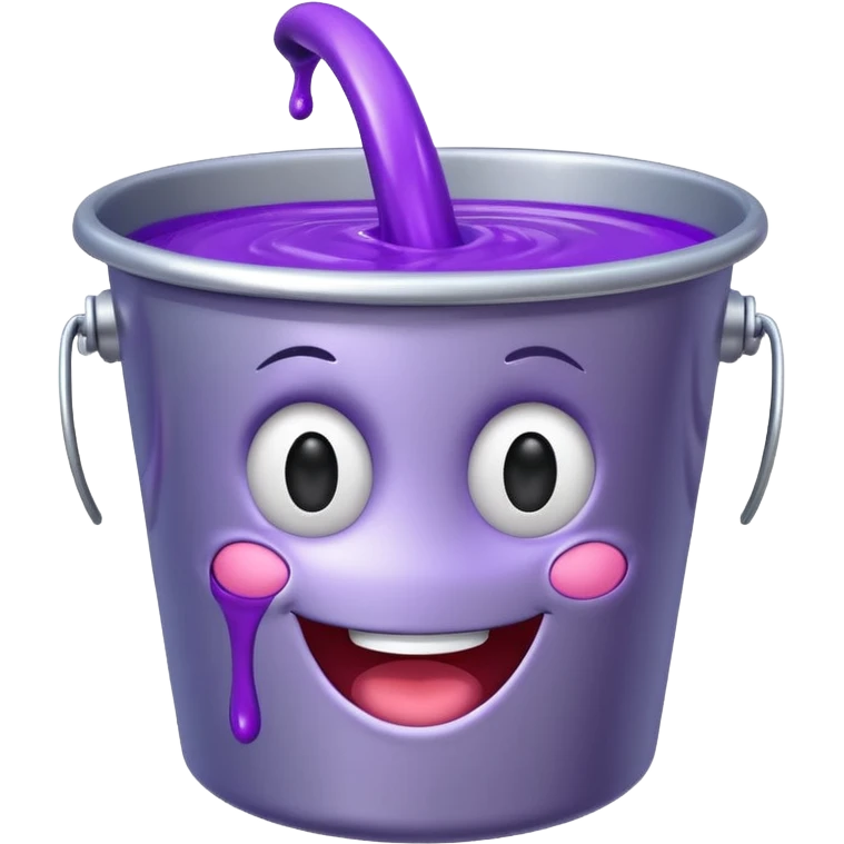 cartoon silver bucket with purple goo, happy face only on the slime, plain bucket with no face or features emoji
