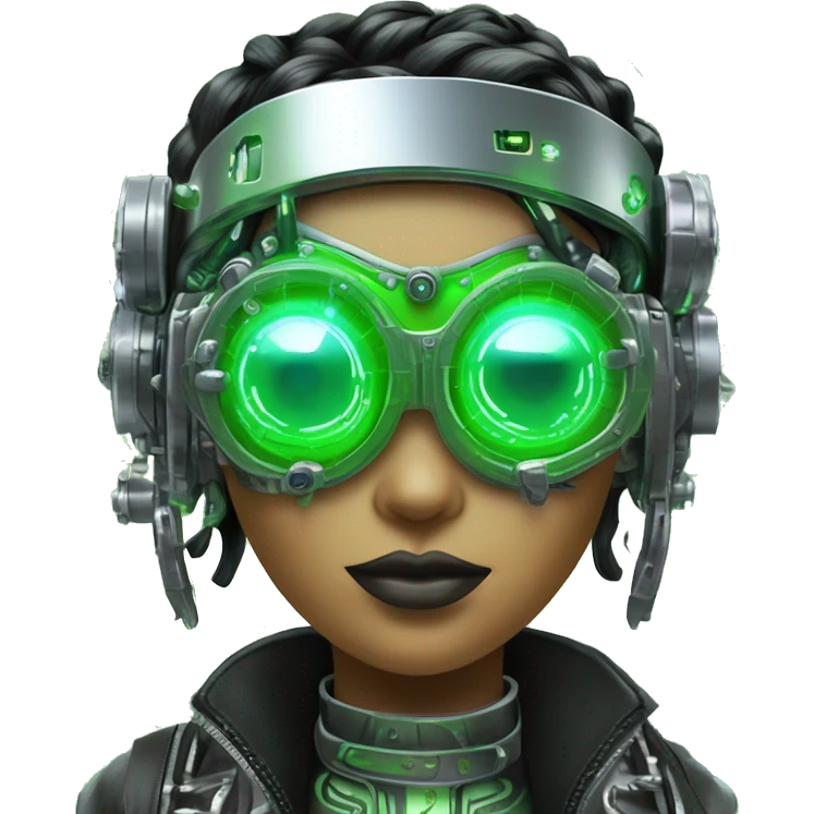 Neon green bobbed hair Latina female cyborg head with silver steampunk goggles and circuits emoji