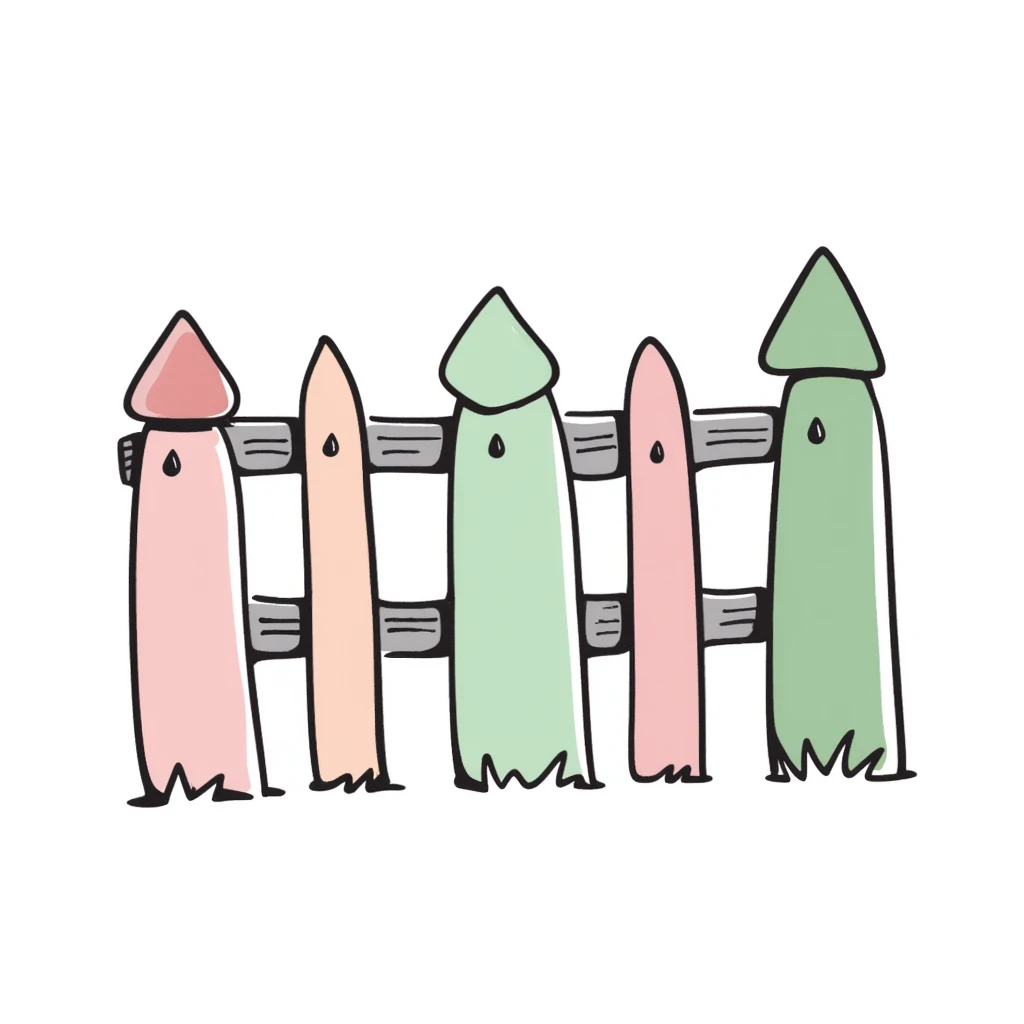 A wooden garden fence with decorative posts in pastel colors (dd9fb0, ffc6d3, a3bfc9, c4bee2, f1b091), hand-drawn doodle style emoji