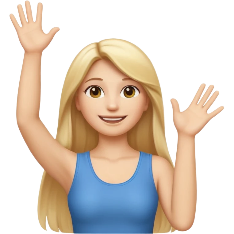 I want a white female animated gif emoji with long straight blonde hair putting hands up in the air. Wearing a tight no sleeve top  emoji