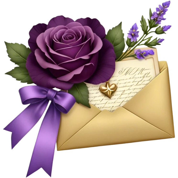 Beneath the soft light of a silver crescent moon, a bundle of handwritten letters lies wrapped in a velvety plum ribbon, adorned with a delicate sprig of lavender and a scattering of bruised violet pansies. A faded mauve rose and a deep purple peony, their petals gently curling at the edges, rest beside an ornate heart-shaped trinket, whispering tales of love lost and found. Golden stars twinkle faintly, reflecting off the wax-sealed envelopes, as if they, too, are enchanted by the lingering emotions woven into each word. emoji
