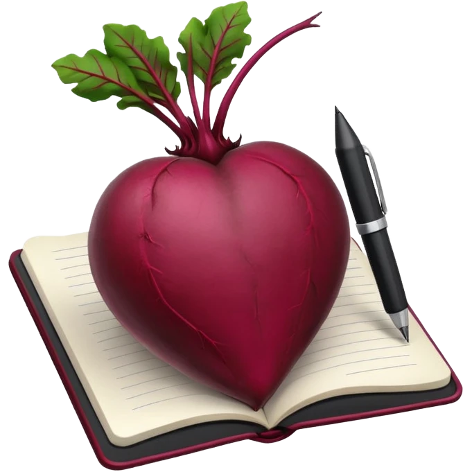 realistic beetroot positioned in front of a small notebook with a black pen emoji
