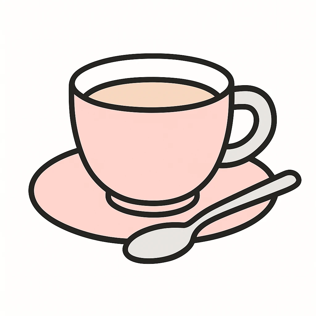 A pink and gray flat illustration of a coffee cup on a saucer with a spoon. emoji