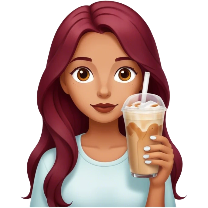 Burgundy long haired tanned girl with iced latte emoji