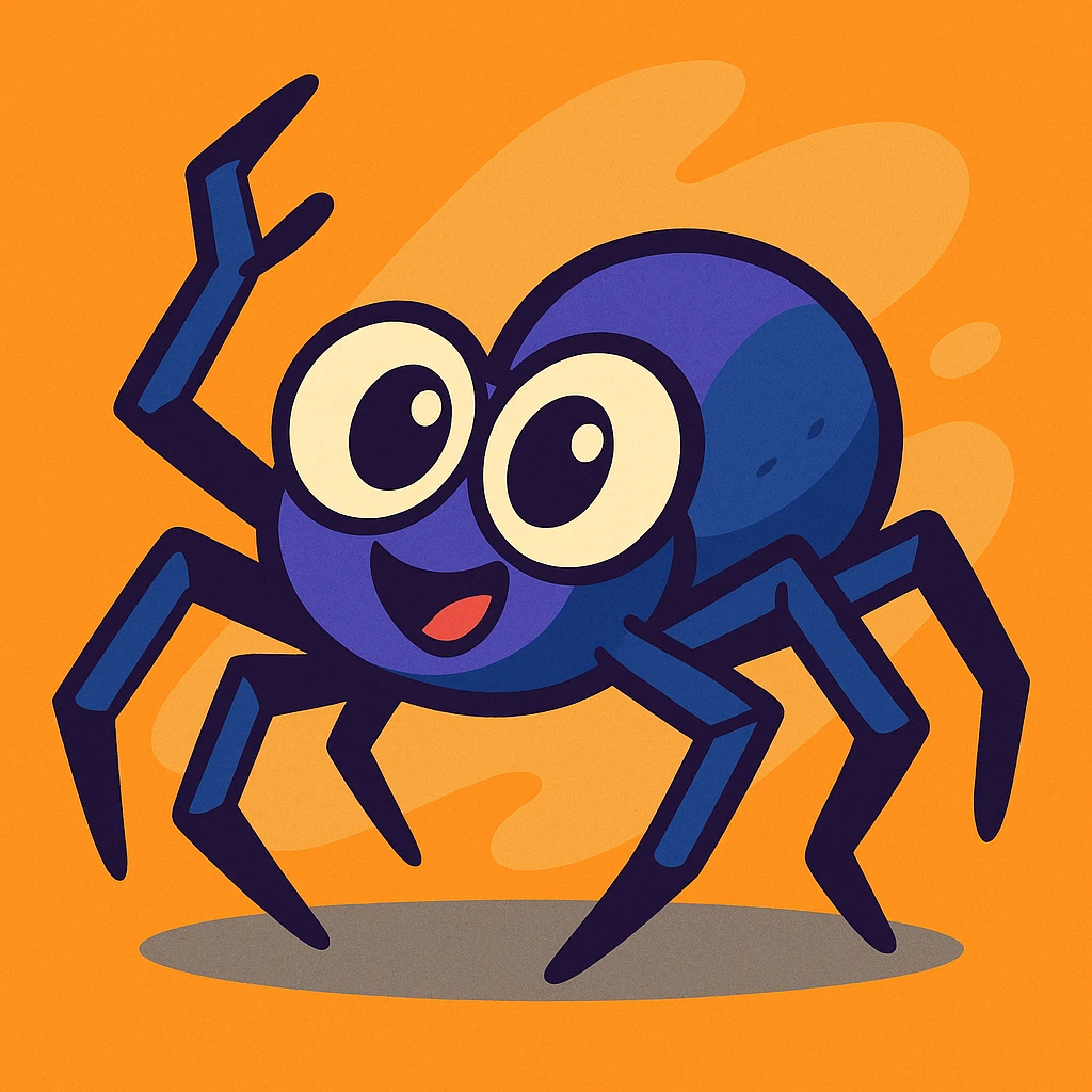 animated style spider with big eyes and dynamic pose on an orange-gray background emoji