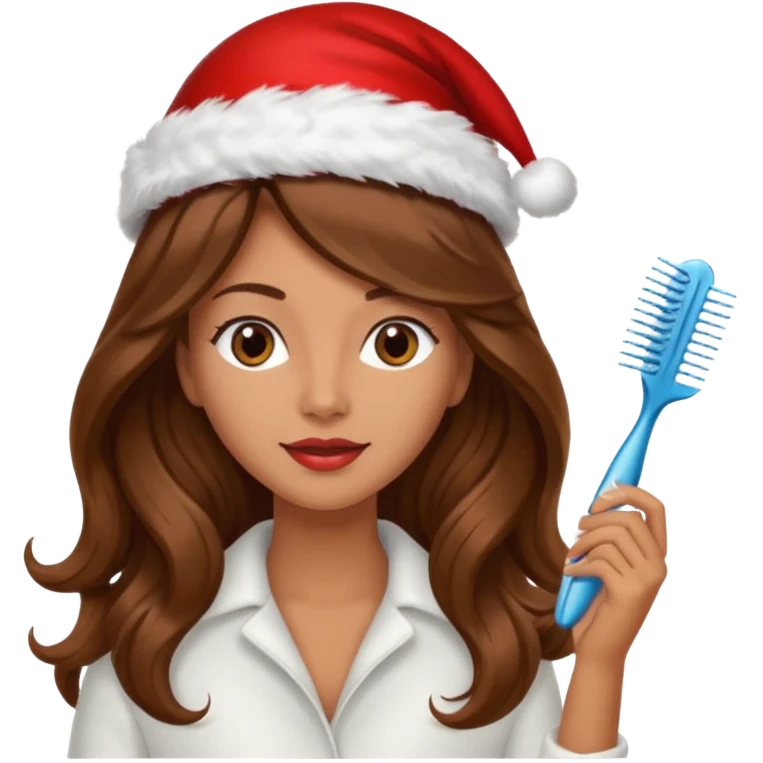 mujer peinandose en la peluqueria y con un gorro de navidad, cabello largo café y ondulado emoji