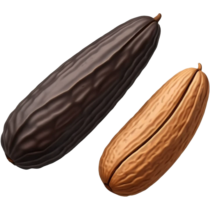 single or small cluster of Tonka beans with wrinkled, elongated almond-like shapes, deep brown to black color, textured slightly glossy surface with visible ridges and curved natural form, soft lighting, subtle shadows, emoji scale emoji
