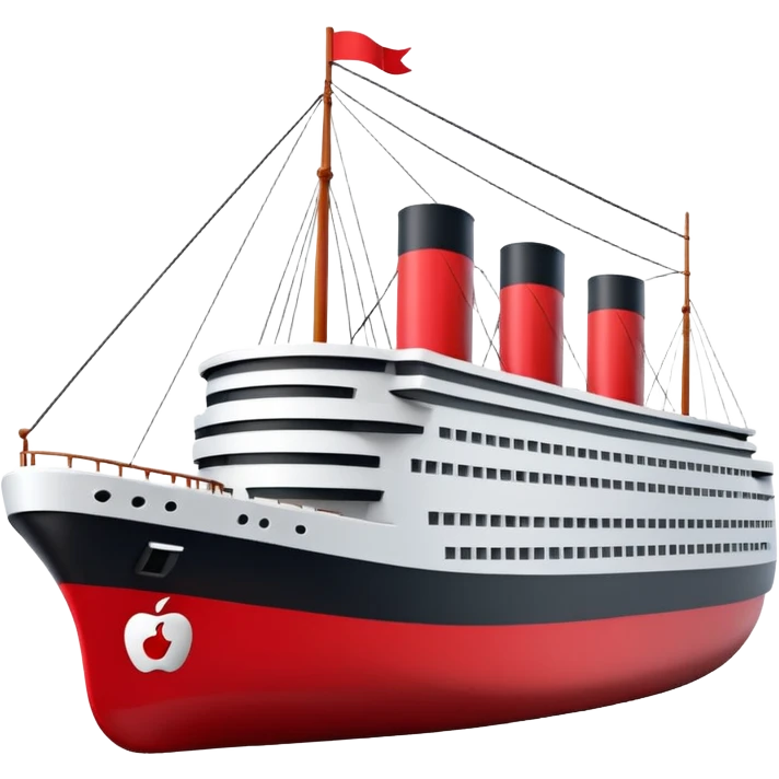 A 3D stylized Titanic ship in Apple emoji style, smooth and glossy surface, clean white and black colors with red accents, large expressive windows but no face, sailing on calm ocean with soft lighting, Pixar-quality render, minimal and elegant design, isolated on studio background.

 emoji