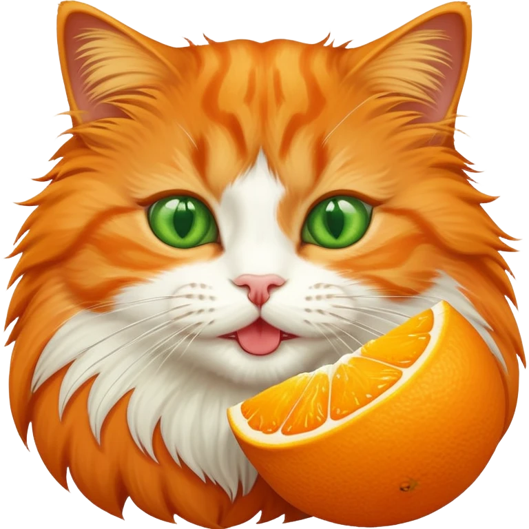 Orange cat eating an orange fruit that has a cat face drawn on it emoji