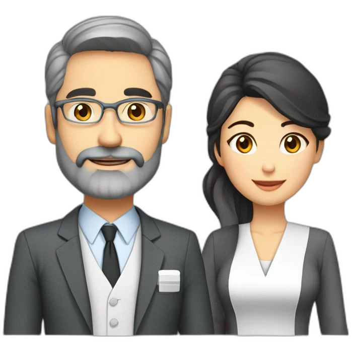 husband preacher middle age dark gray hair trimmed beard business suit, with wife asian age 55 dark hair nurse uniform emoji