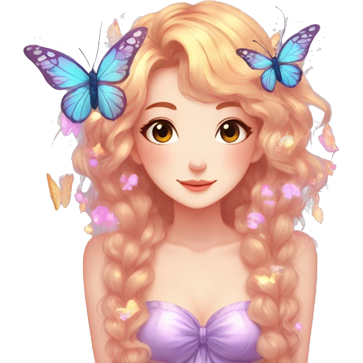 gorgeous shiny anime lady with butterflies and beautiful hair fairycore cottagecore high quality detailed emoji