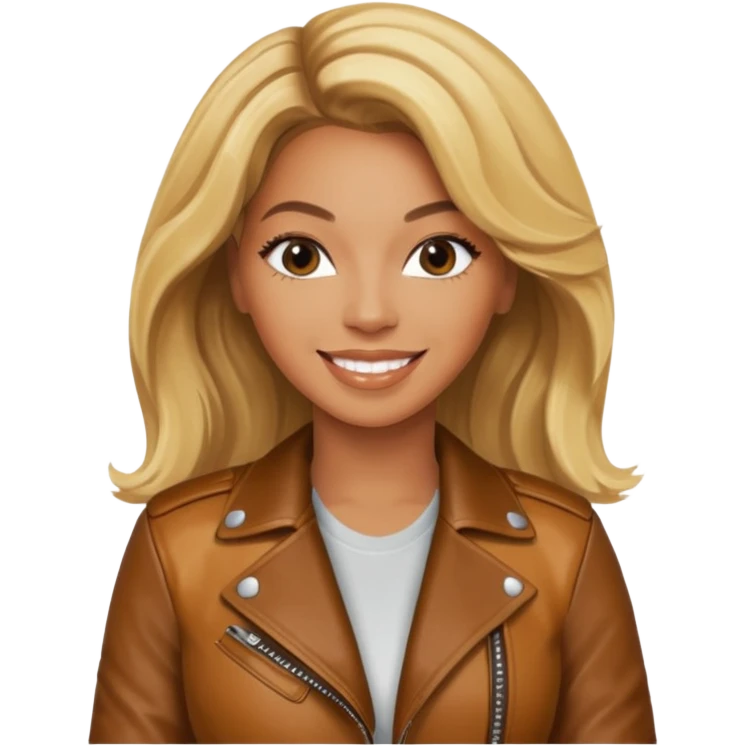 beyonce blonde hair jane wear leather jacket, smile happy emoji