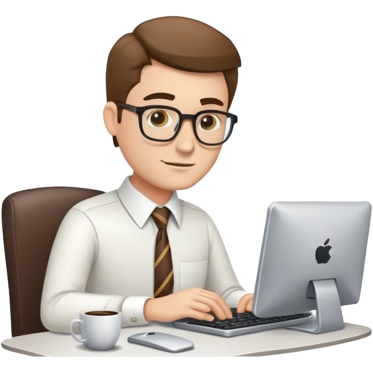 white journalist man in shirt and tie, typing on a computer, coffee cup nearby emoji