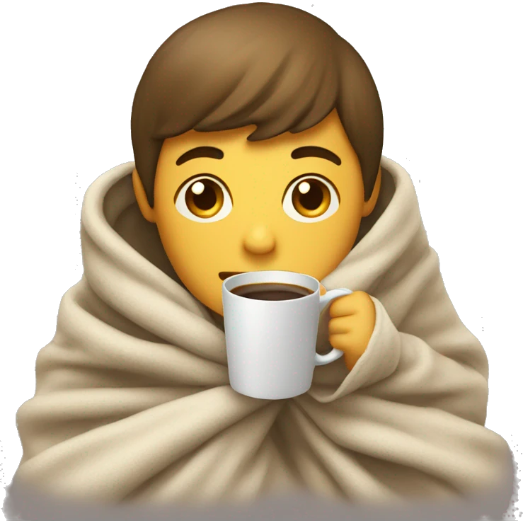 A boy wrapped around in a blanket sipping coffee  emoji