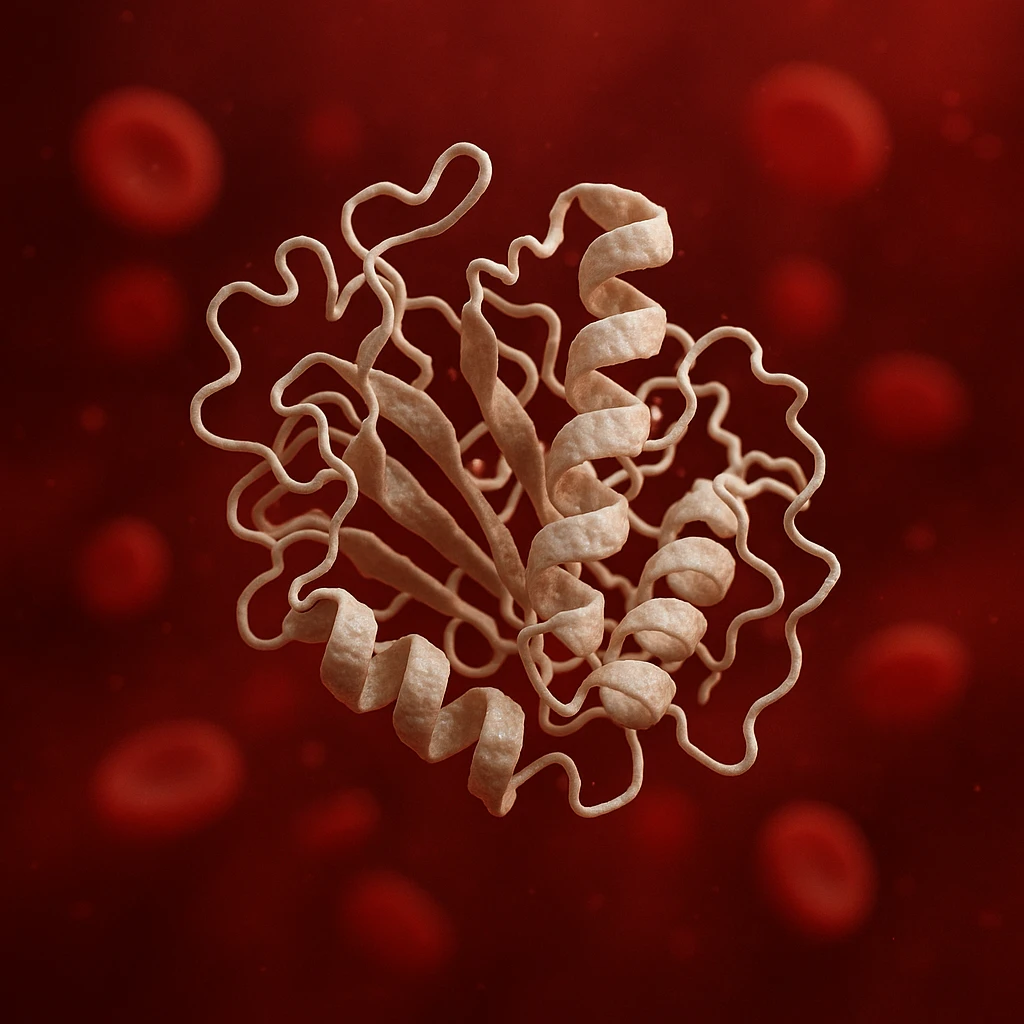 insulin as a molecule floating in the blood, hyper realistic 4K style, molecular details, blood red background emoji