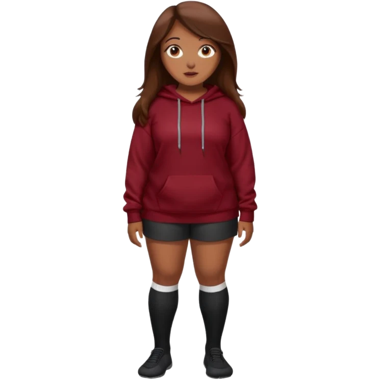 Curvy pretty brown girl with long brown hair, wearing a dark deep red sweatshirt with tall black socks emoji