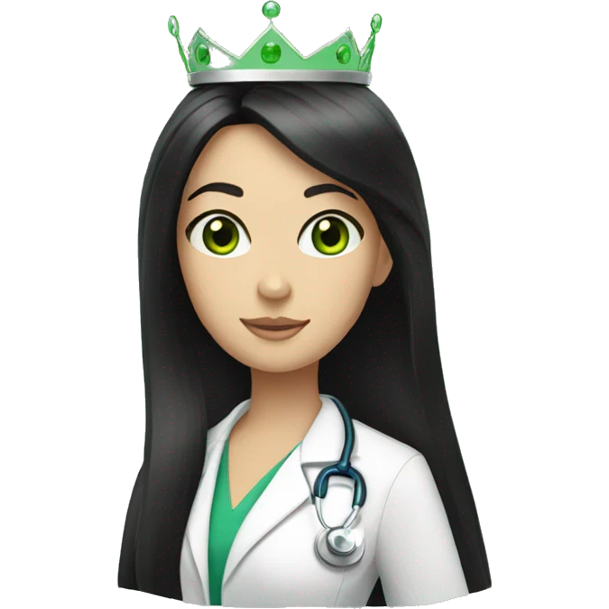 White Female doctor green eyes long black hair and a crown emoji