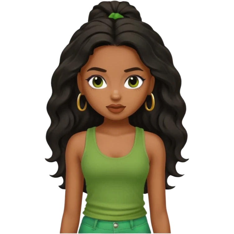 a pretty bratz brown girl with long wavy black color hair and green tank top on emoji