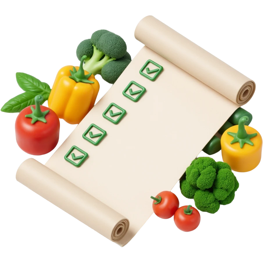 floating rolled paper list with green checkboxes and around vegetables emoji