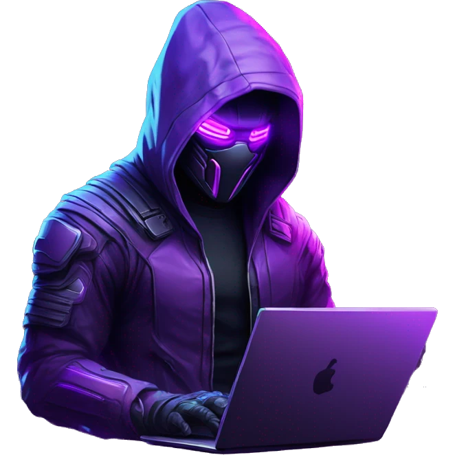 Hacker behind his laptop with this style : crysis Cyberpunk Valorant neon glowing bright purple character purple violet black hooded assassin themed character emoji