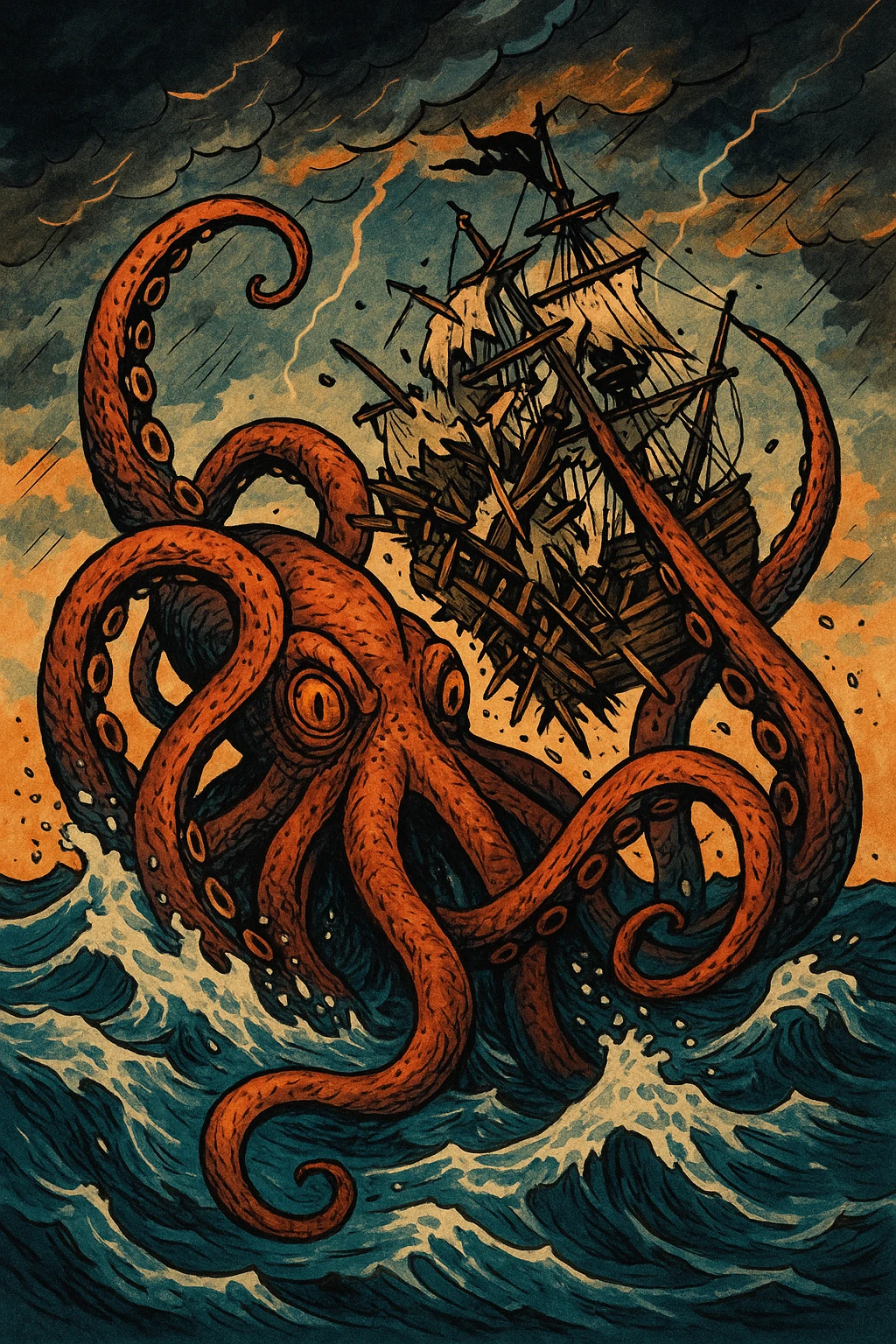 A kraken sea monster with giant tentacles destroying a pirate ship, dramatic ocean scene, stylized illustration emoji