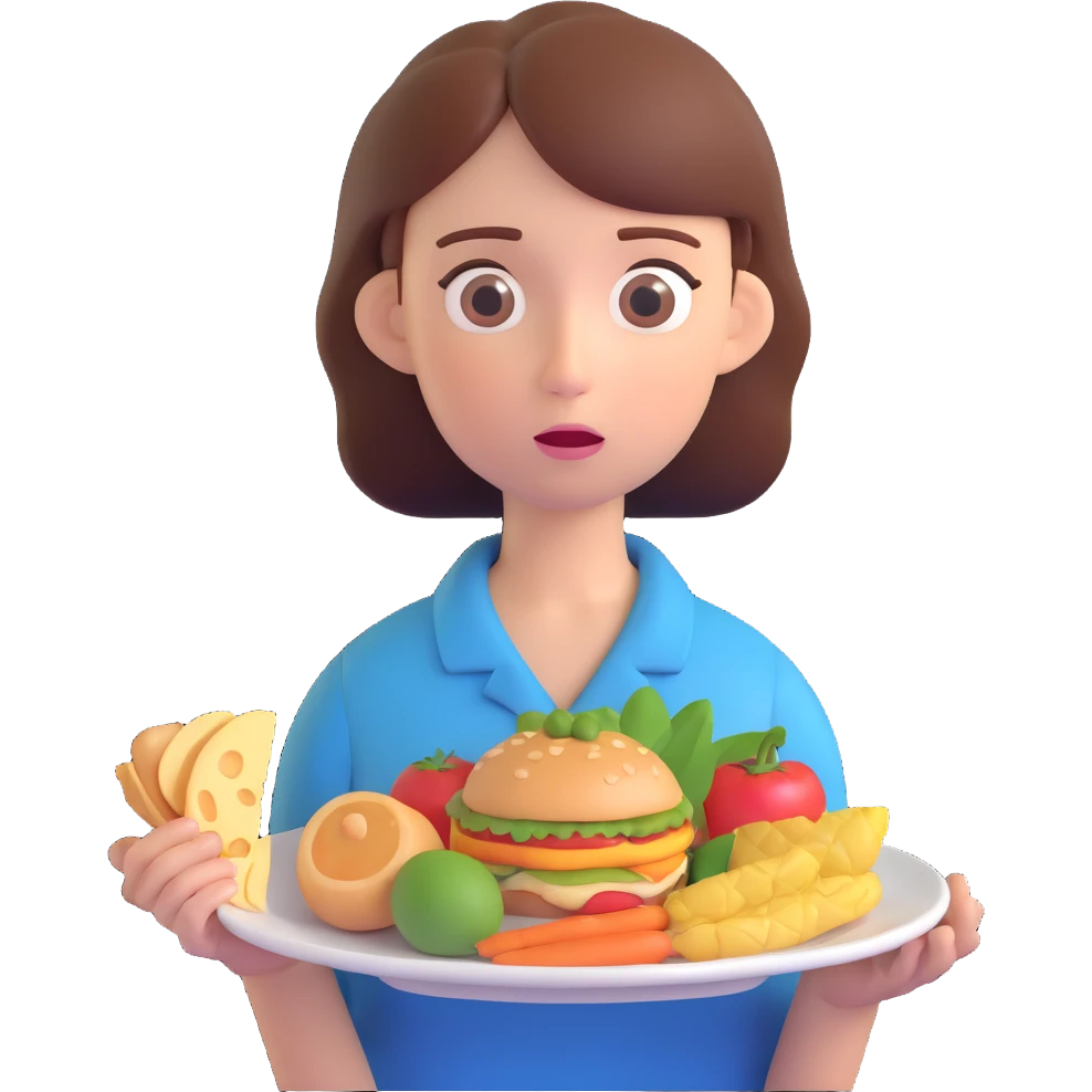 a person holding a plate of food, looking uncertain, expressive face, clear body language, no background emoji