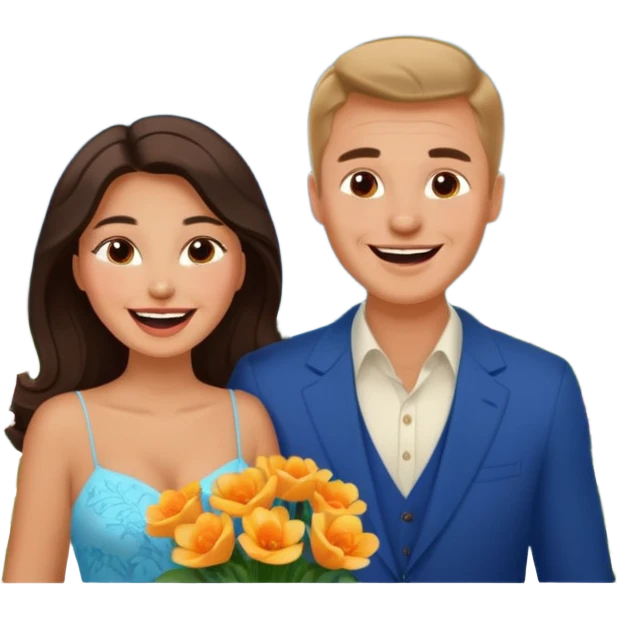 Couple  laughing traveling russian man and elegant  Latina girl delicate flowers and mountains in the background  emoji