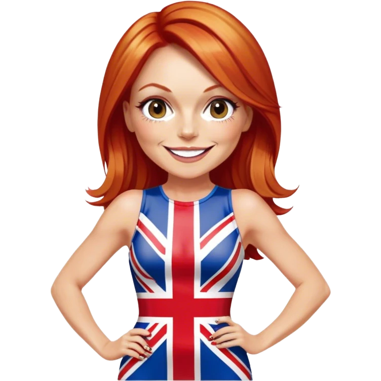 Geri Halliwell smiling with red hair and blonde highlights wearing a short bodycon Union Jack flag dress emoji