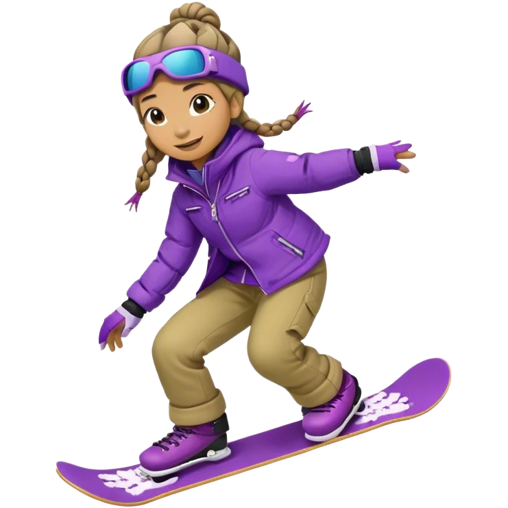 Girl crocodile with two hair braids riding a snowboard with a purple jacket emoji