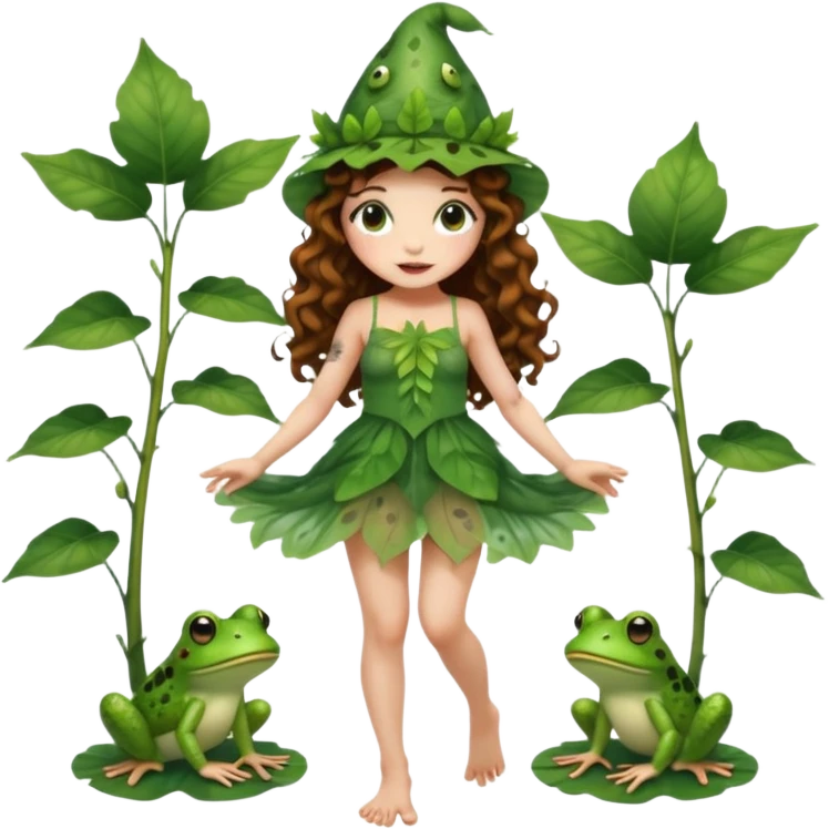 full body woman long curly brown hair brown eyes white skin tattoos wearing cute frog hat and sheer leaf dress, barefoot, flirty forest fairy pose emoji