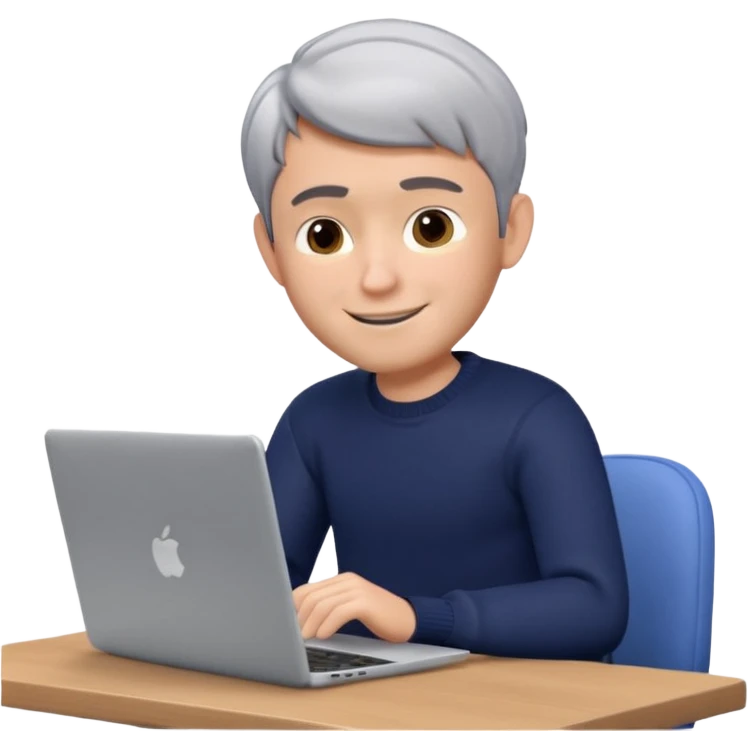 3D Memoji of the man from the photo, short salt-and-pepper hair, dark navy sweater, sitting with a silver laptop, Pixar style, white background, professional smile emoji