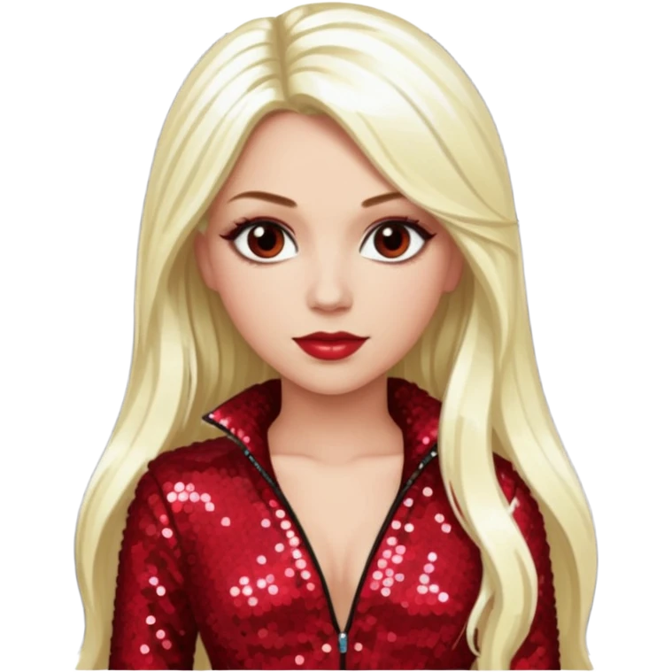 Tiffany Valentine with long platinum blonde hair, dark red sequin outfit emoji