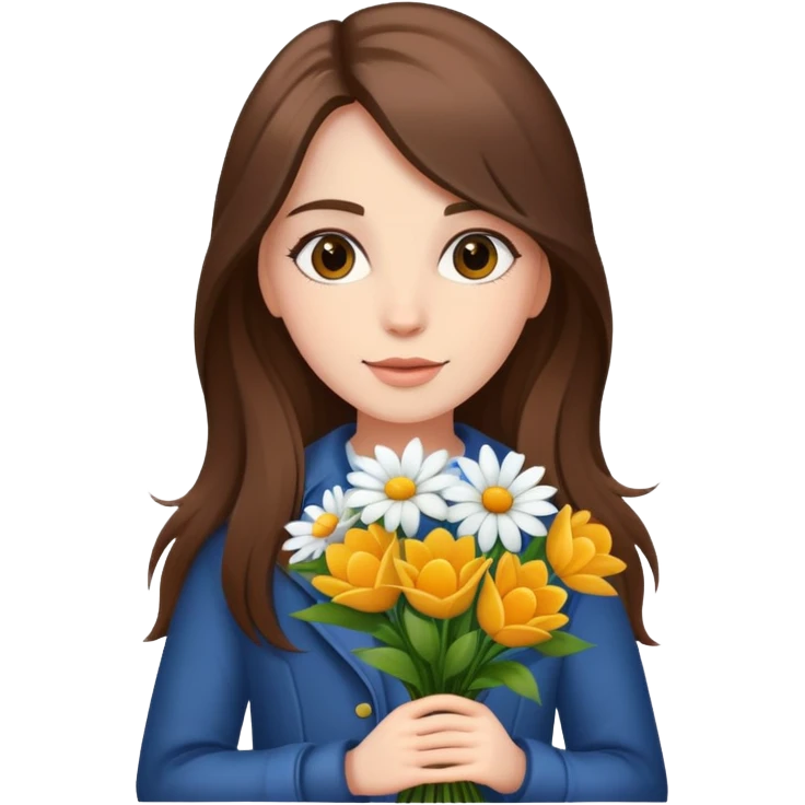 cool girl with long brown hair and fair skin holding a bouquet of flowers, trendy emoji