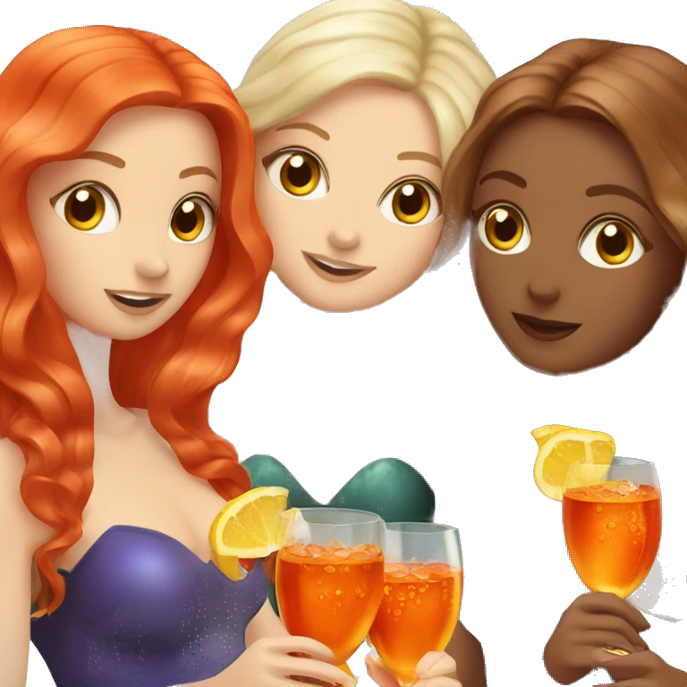Three beautiful mermaids (one blond, one brown and one red hair) drinking aperol emoji