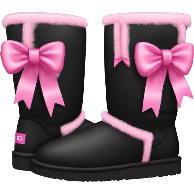 Realistic black Ugg fur boots with pink ribbon bows and stitching isolated.  emoji