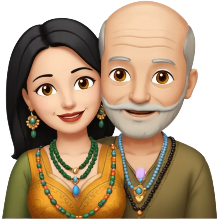 I want an old man with balding and grey beard  wearing no jewelery and a woman in her 40s with dark black hair parted in indian woman style wearing a beads chain  with the cleavage of the woman visible in a passionate embrace, both must be blissfully smiling emoji