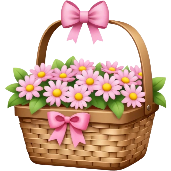 cute picnic basket with pink bow and with ight color flowers inside emoji