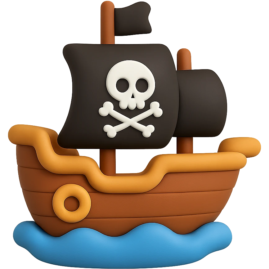 A cute pirate ship with black sails and a jolly roger flag emoji