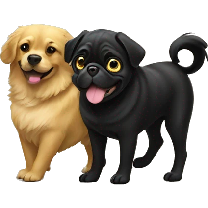 A black pug playing with a golden retriever  emoji