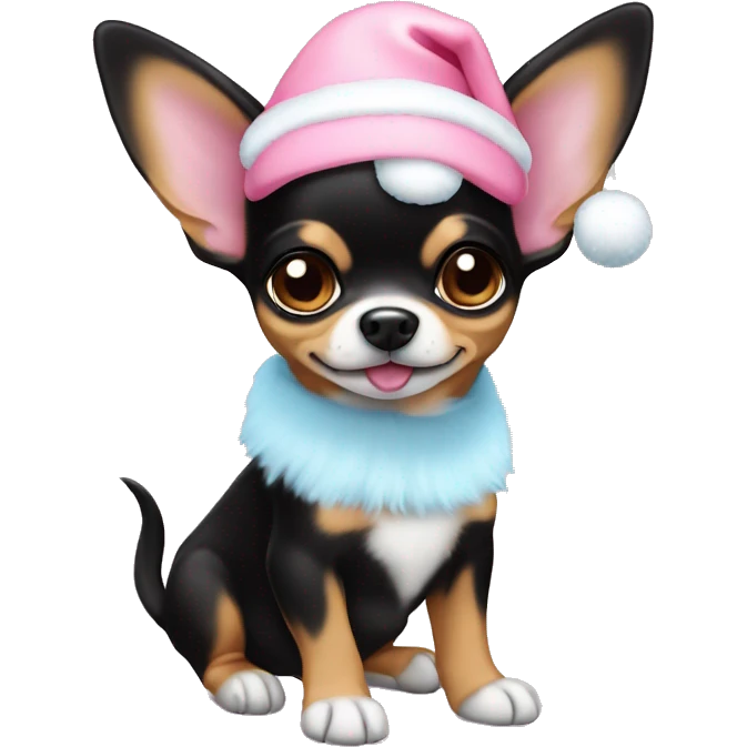 black & tan chihuahua puppy full body light blue eyes pink christmas hat on emoji