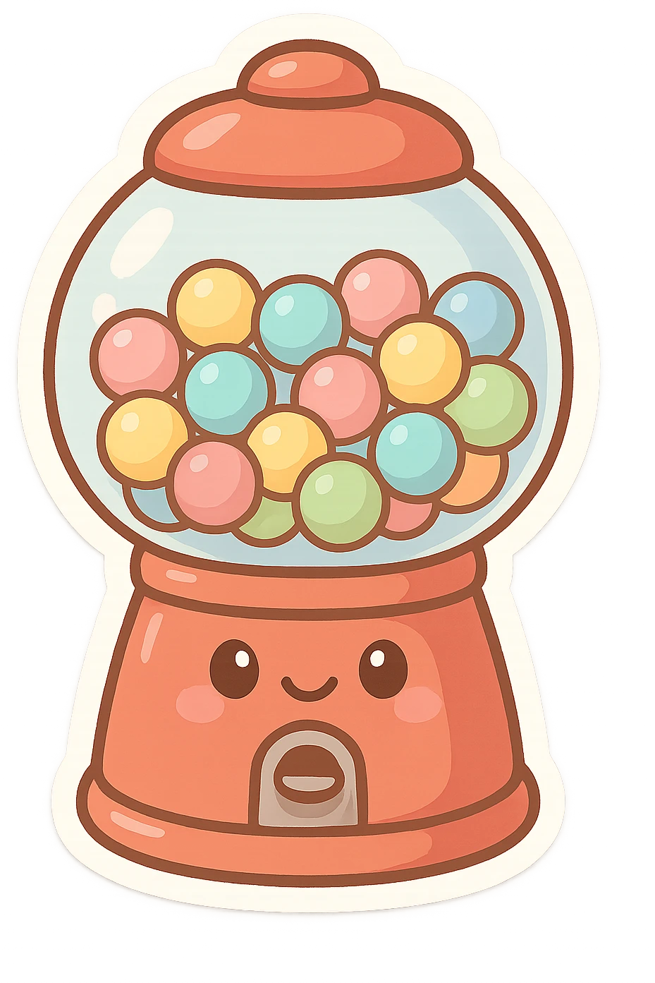 chibi sticker-style bubble gum machine with a smiling face, cute and exaggerated emoji