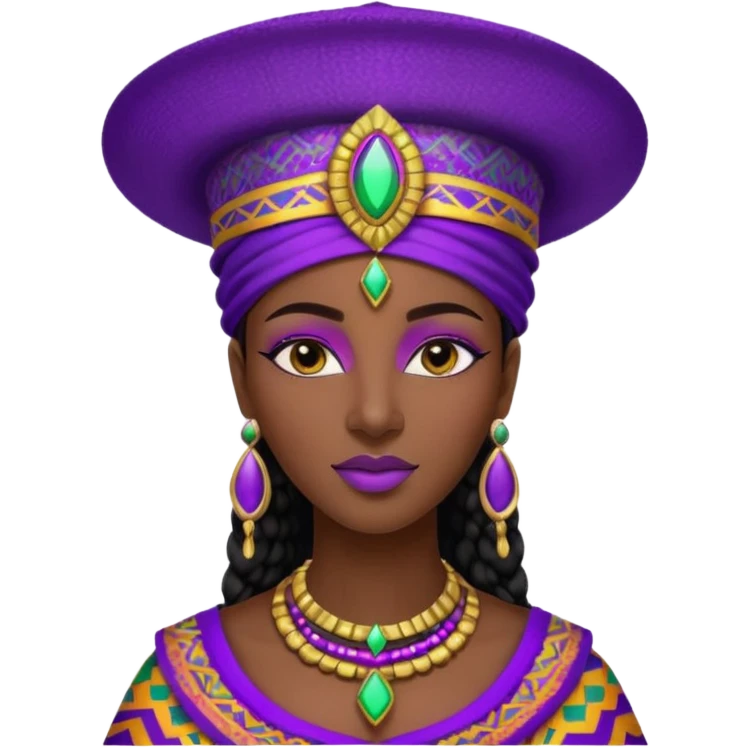 Create me an emoji of a beautiful Ethiopian Queen of Sheba wearing a neon purple gradient African patterns with metallic "isicholo" (a Zulu-inspired hat).  emoji