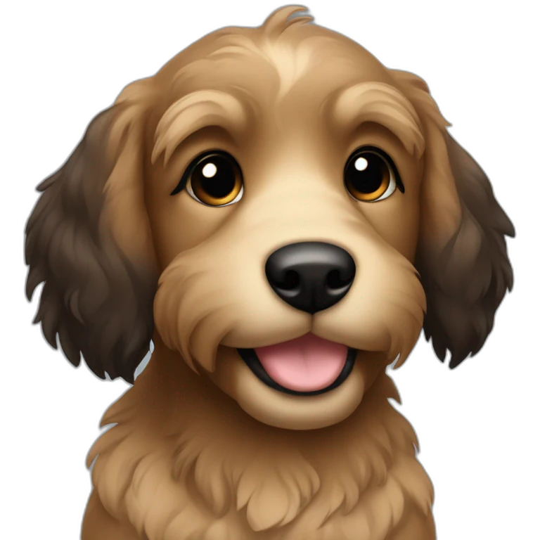 bouvier fawn brown and black puppy face very long hair smiling emoji