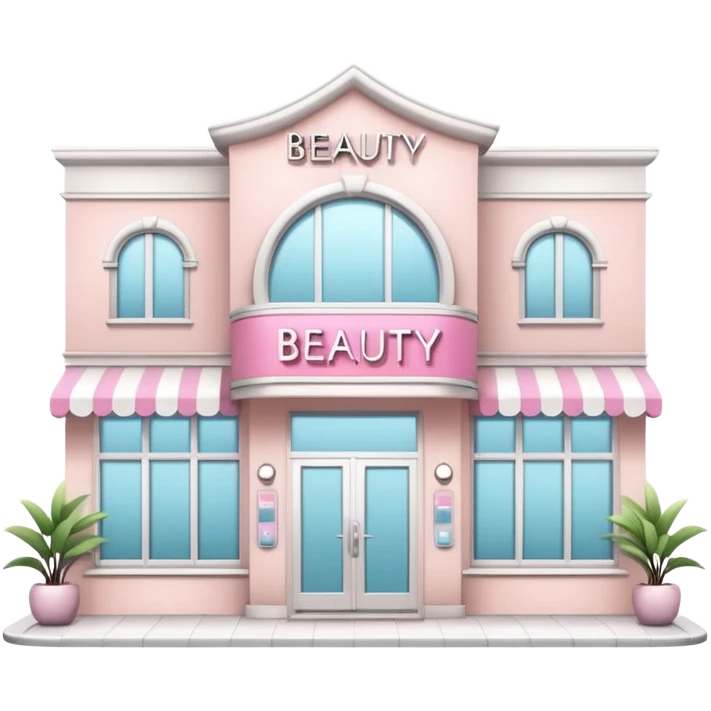 Modern beauty salon building with a stylish illuminated sign that says BEAUTY SALON on the front. Elegant exterior design, large clean windows, soft pastel colors, minimalistic decorations, welcoming atmosphere, daytime, high-quality detailed render emoji