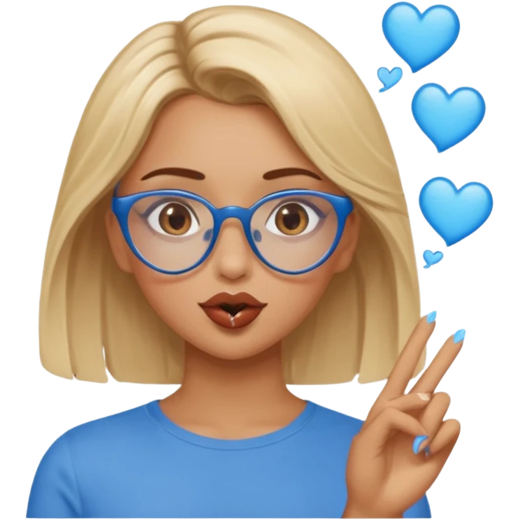 Asthectic Blonde women with brown eyes, blue glasses, waering a brown top, blowing a kiss with hearts around her. emoji