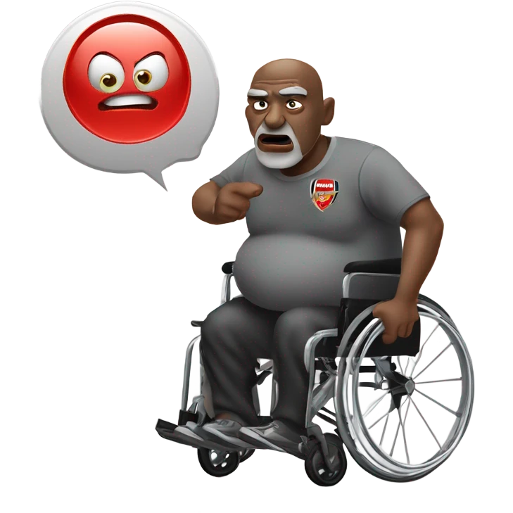 old black bald man with a protruding round pot belly in wheelchair. angry face. grey stubble. he is pointing finger in front. arsenal soccer shirt. mouth word bubble emoji