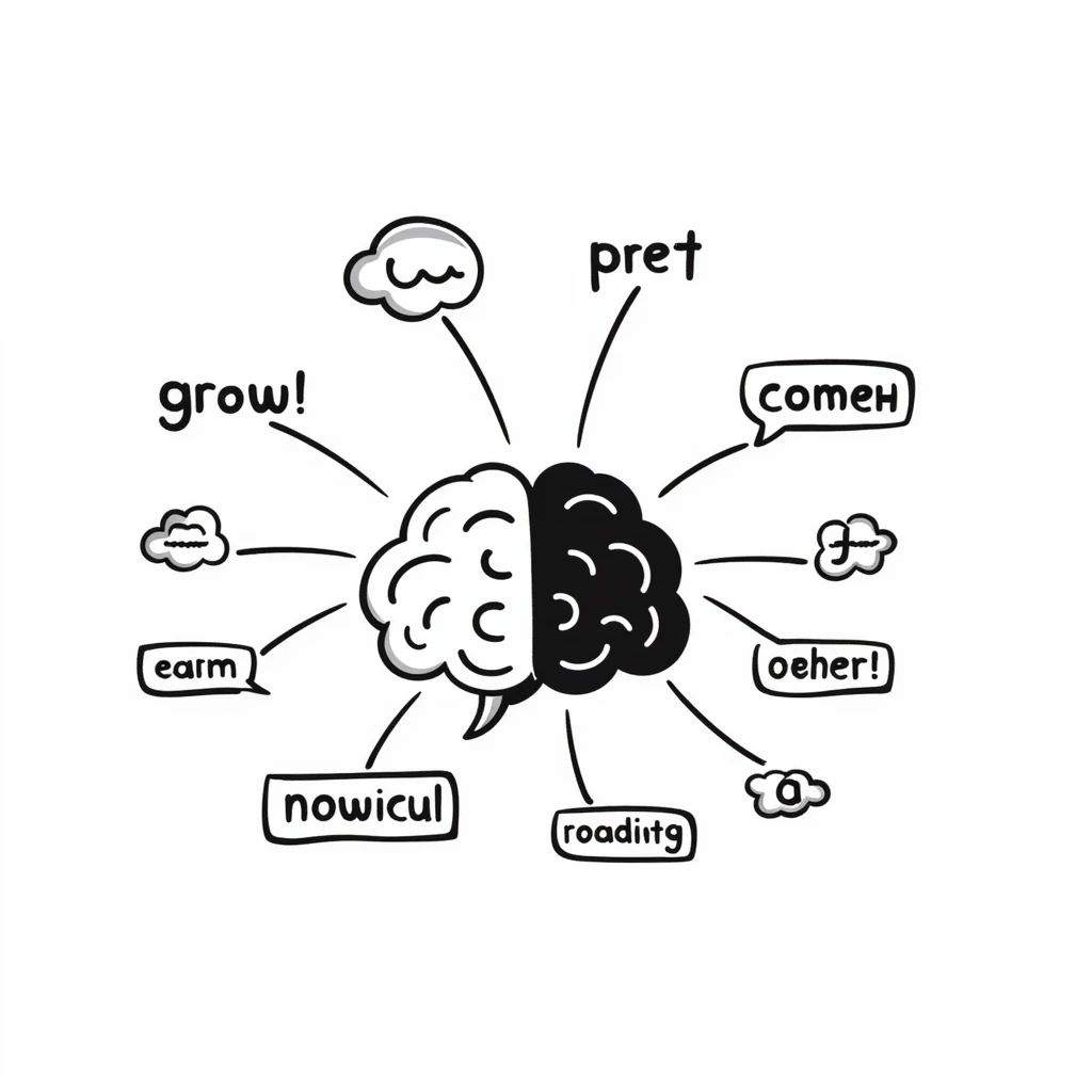 Hand-drawn Natural Language Processing concept with brain, text, and language tokens emoji