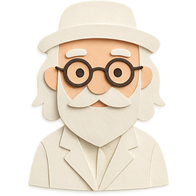 old man with a white hat, slightly long white beard, white moustache, round glasses, white suit, white longish hair, paper craft style emoji