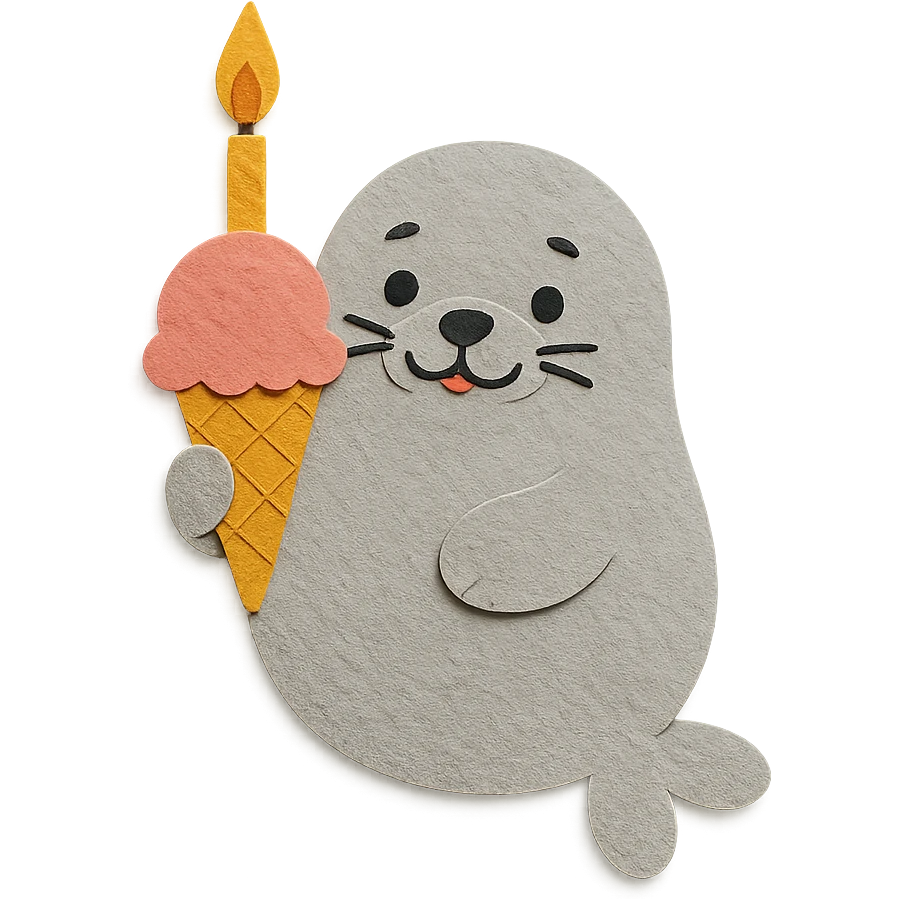 chubby seal holding ice cream cone with candle, paper-craft style emoji